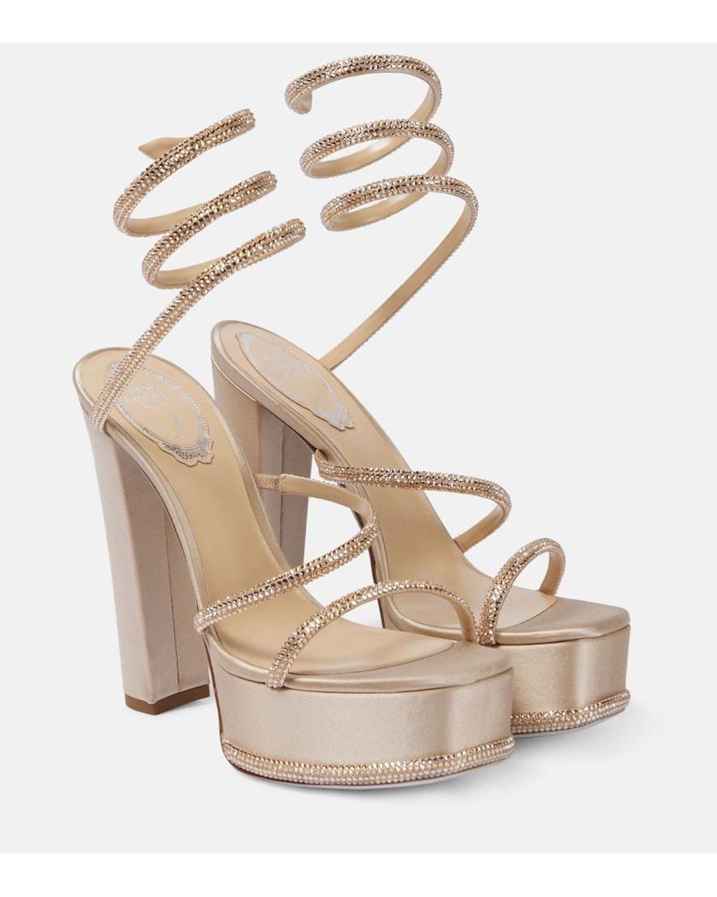 Rene Caovilla Natural Embellished Satin Platform Sandals