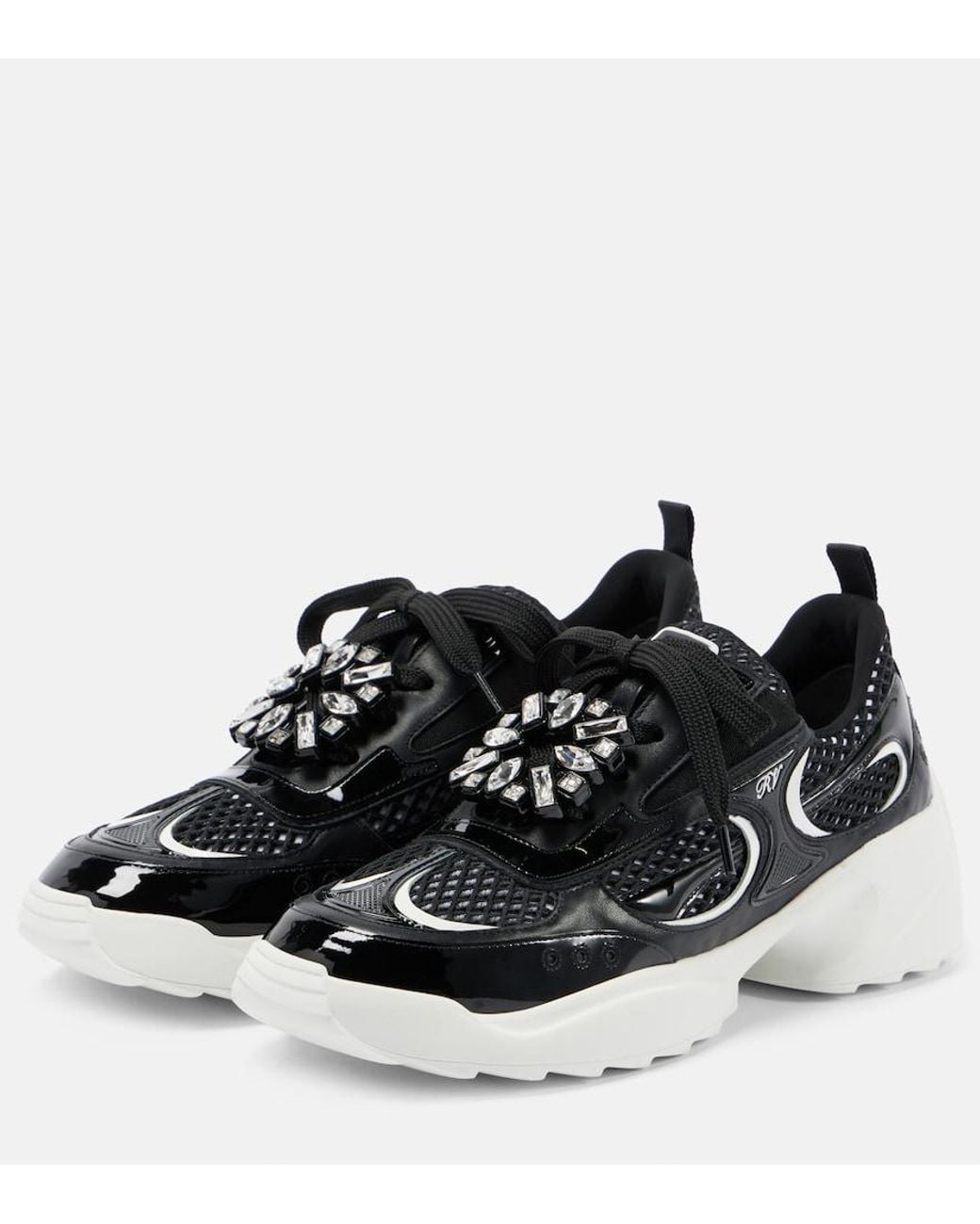Roger Vivier Black Embellished Leather-Trimmed Sneakers