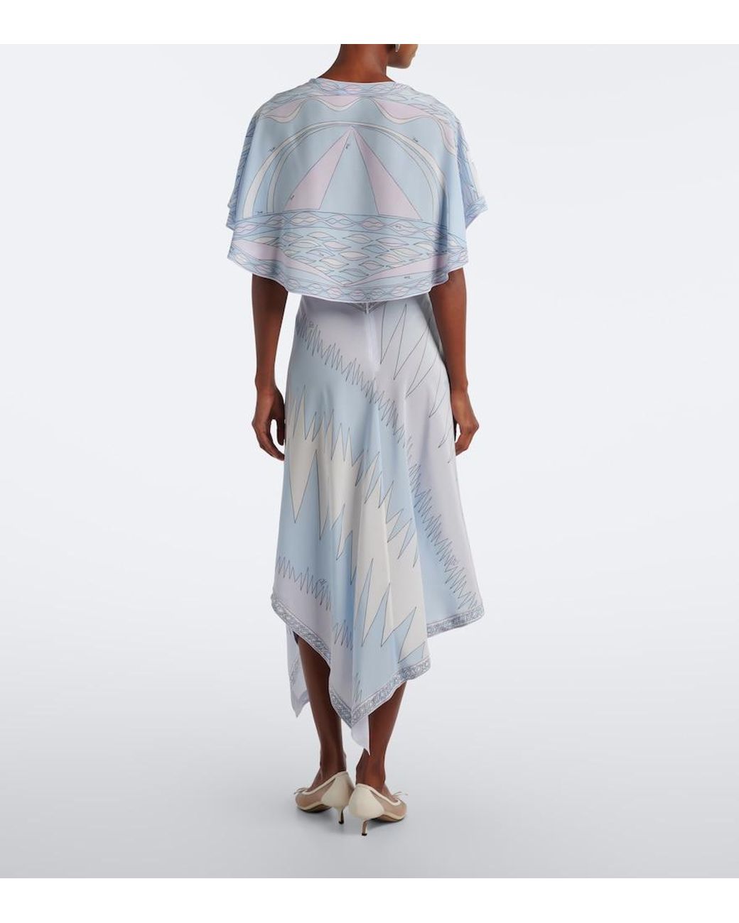 Emilio Pucci Blue Labirinto Asymmetric Silk Crepe De Chine Midi Dress