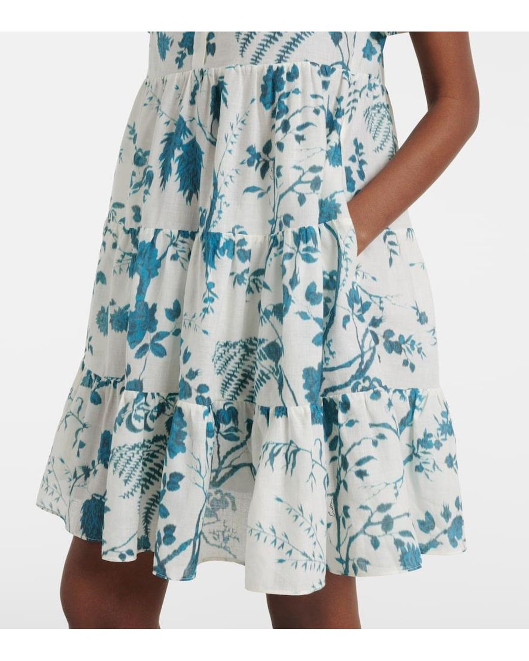 Erdem Blue Floral Tiered Cotton And Linen Minidress