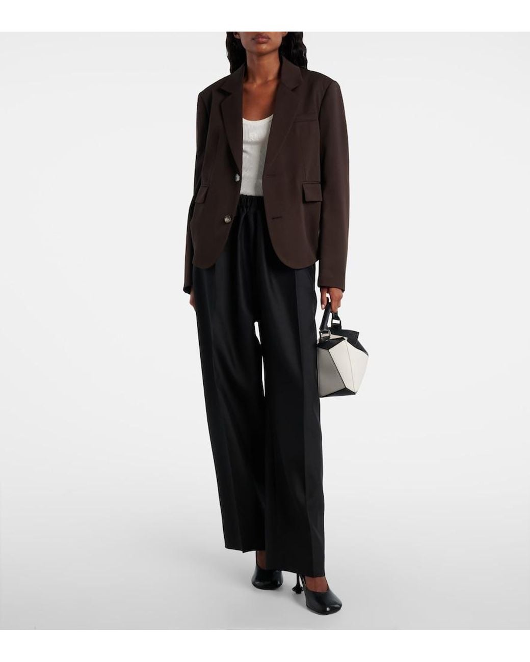 Loewe Black Gathered Wool And Silk Wide-Leg Pants