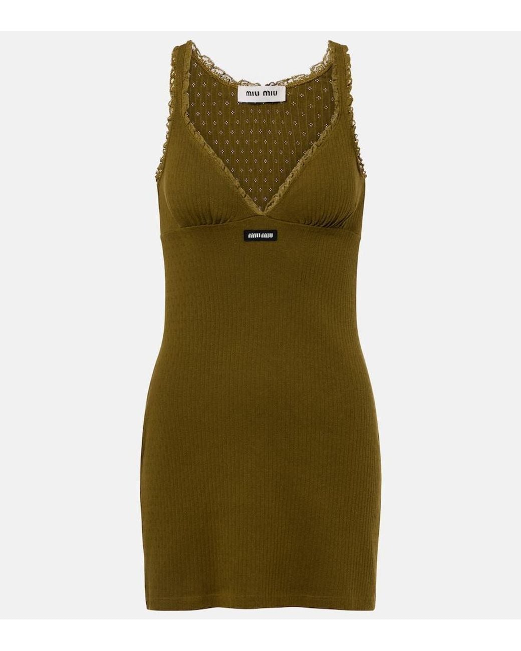 Miu Miu Green Lace-Trimmed Pointelle Cotton Minidress