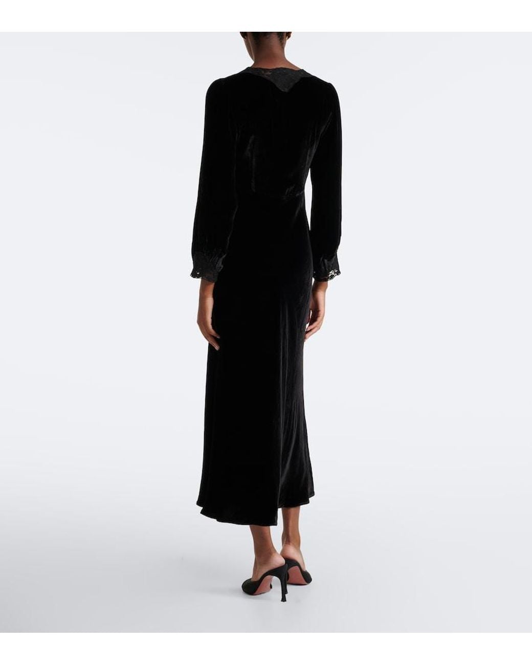 Rixo Black Larah Lace-Trimmed Velvet Midi Dress