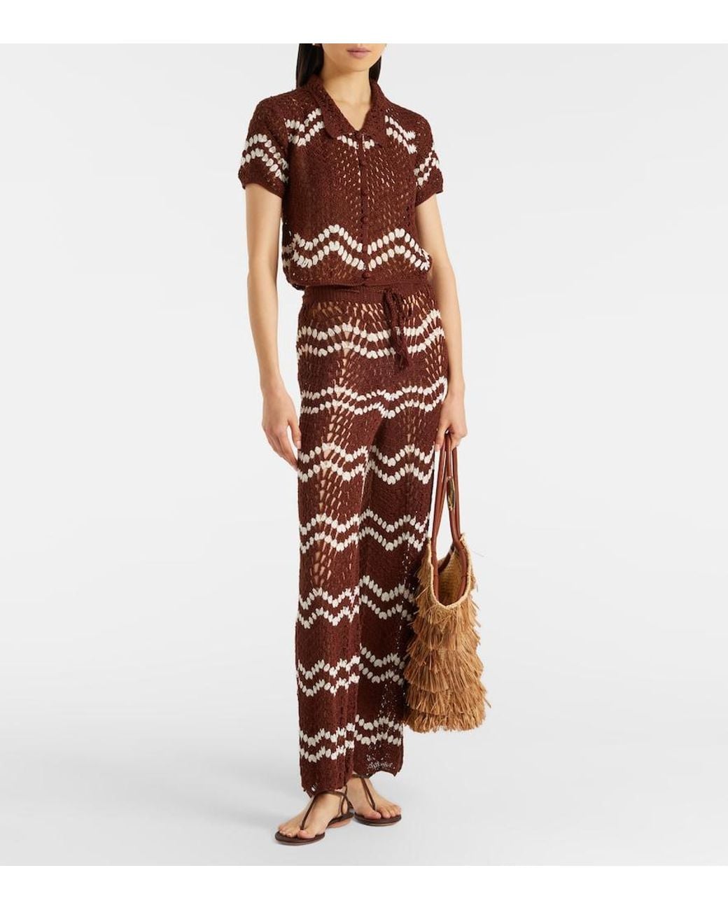 Anna Kosturova Brown Crochet Cropped Cotton Top