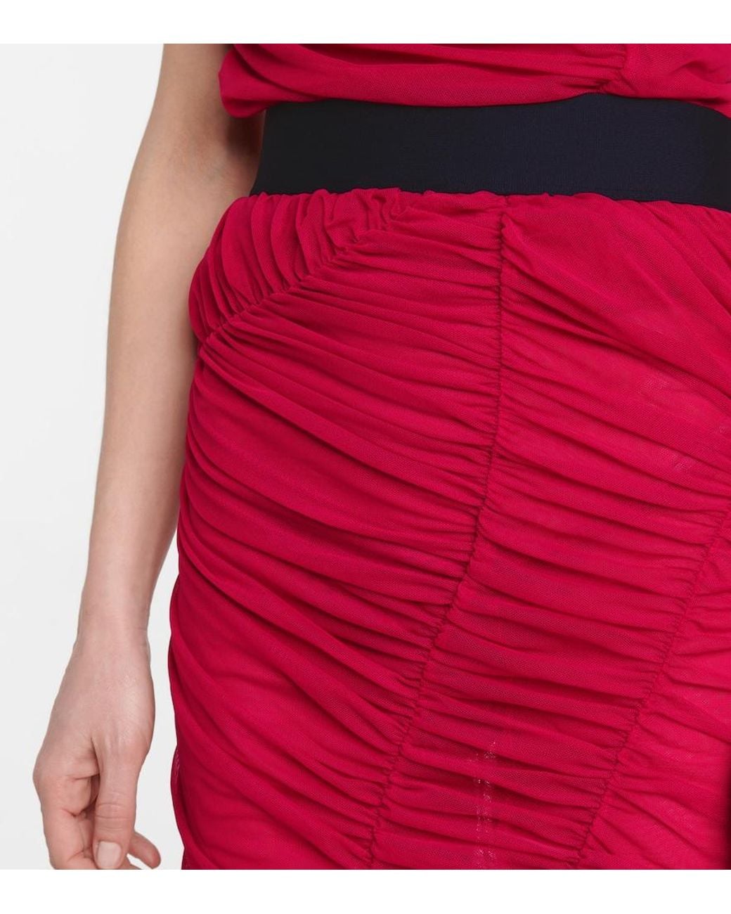 Dries Van Noten Red Ruched Mesh Midi Skirt