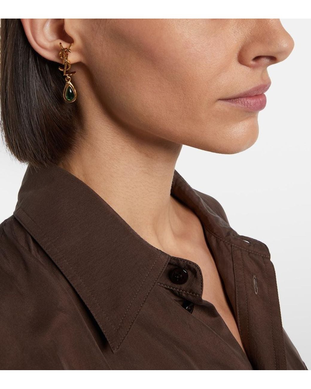 Saint Laurent White Cassandre Embellished Drop Earrings