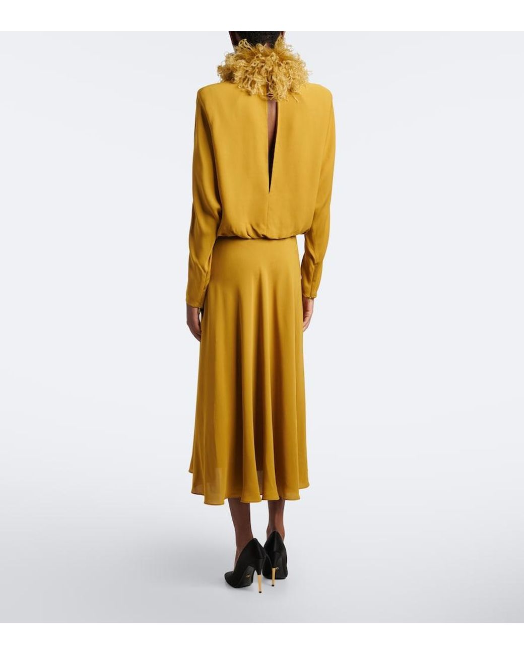 Valentino Garavani Yellow Feather-Trimmed Silk Georgette Midi Dress