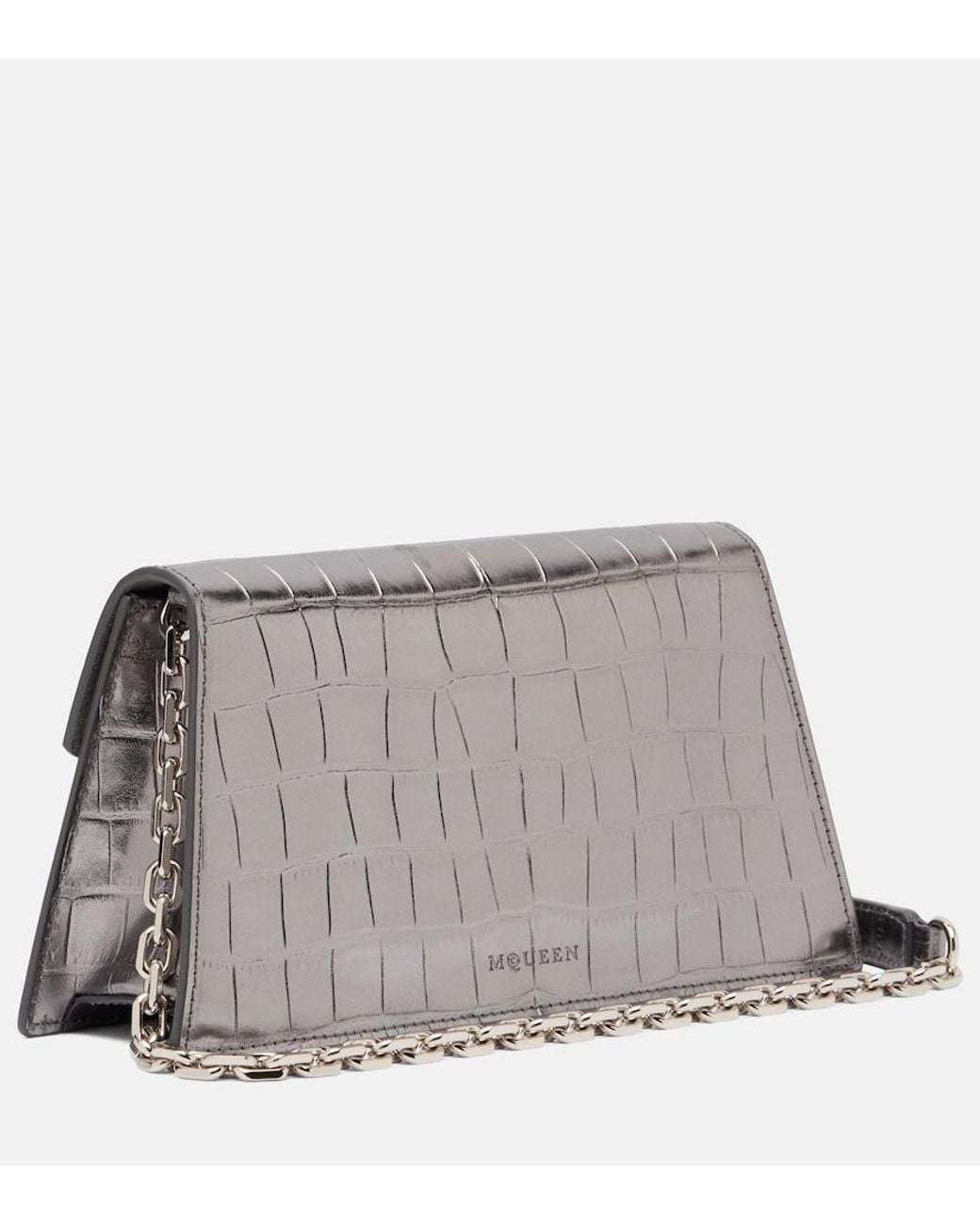 McQueen Gray Skull Mini Croc-Effect Leather Clutch