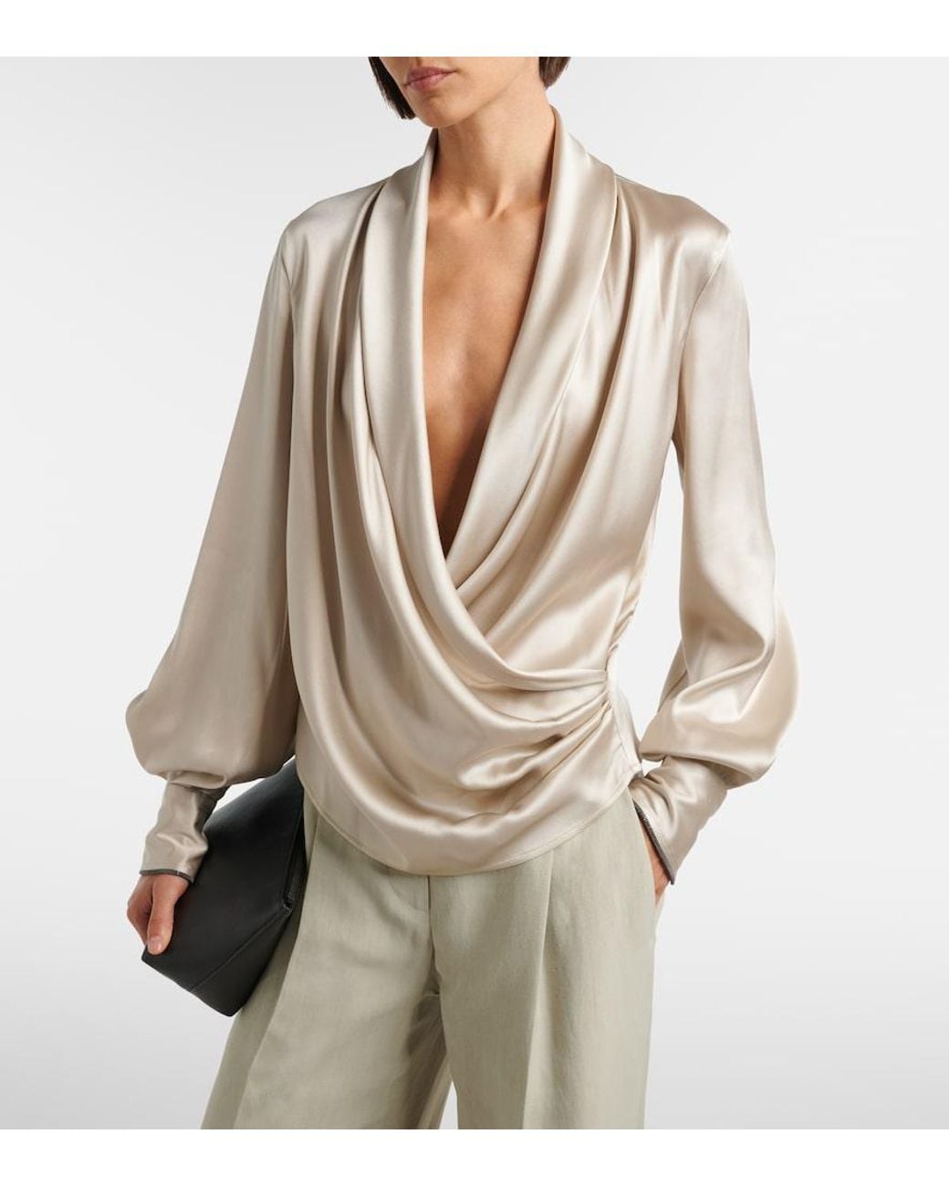 Brunello Cucinelli Gray Draped Silk-Blend Satin Blouse