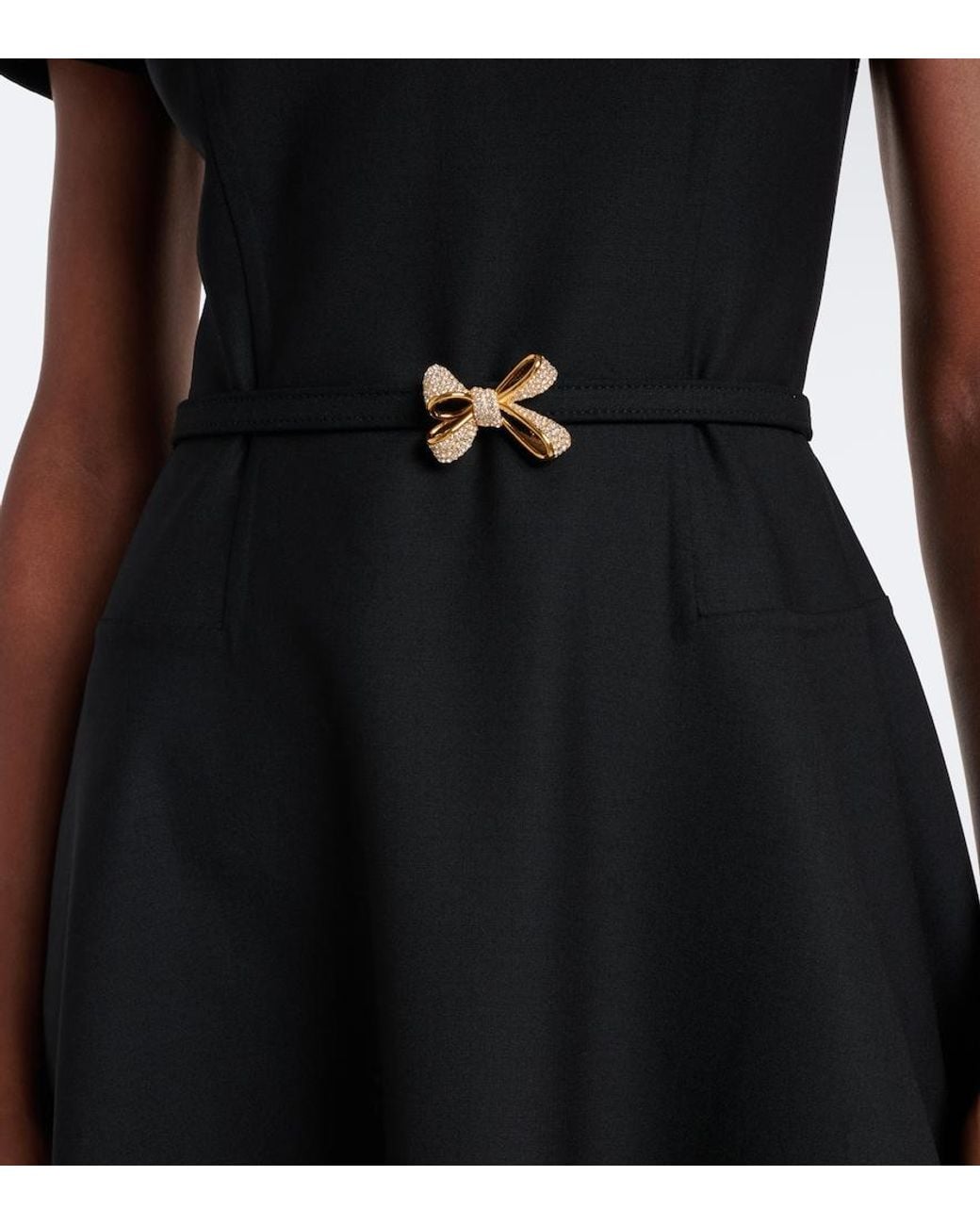 Oscar de la Renta Black Belted Embellished Wool-Blend Midi Dress