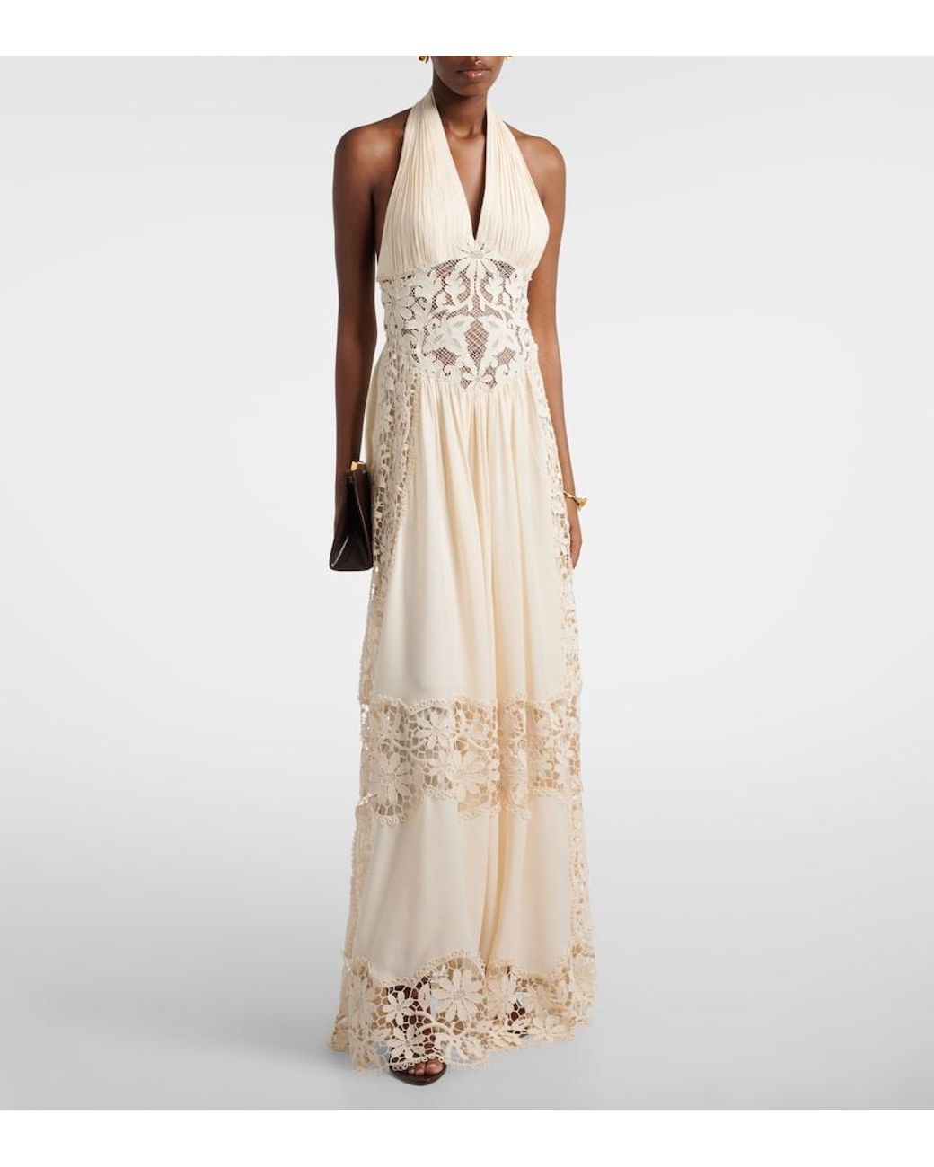 Elie Saab Natural Georgette And Macrame Gown