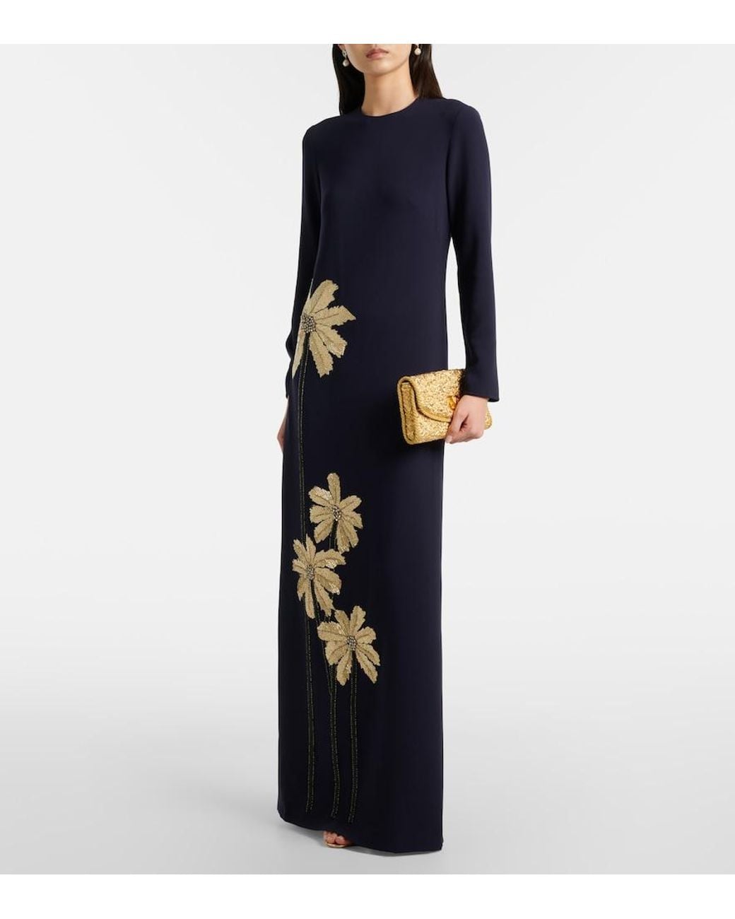 Costarellos Blue Nevina Crystal-Embellished Crepe Gown