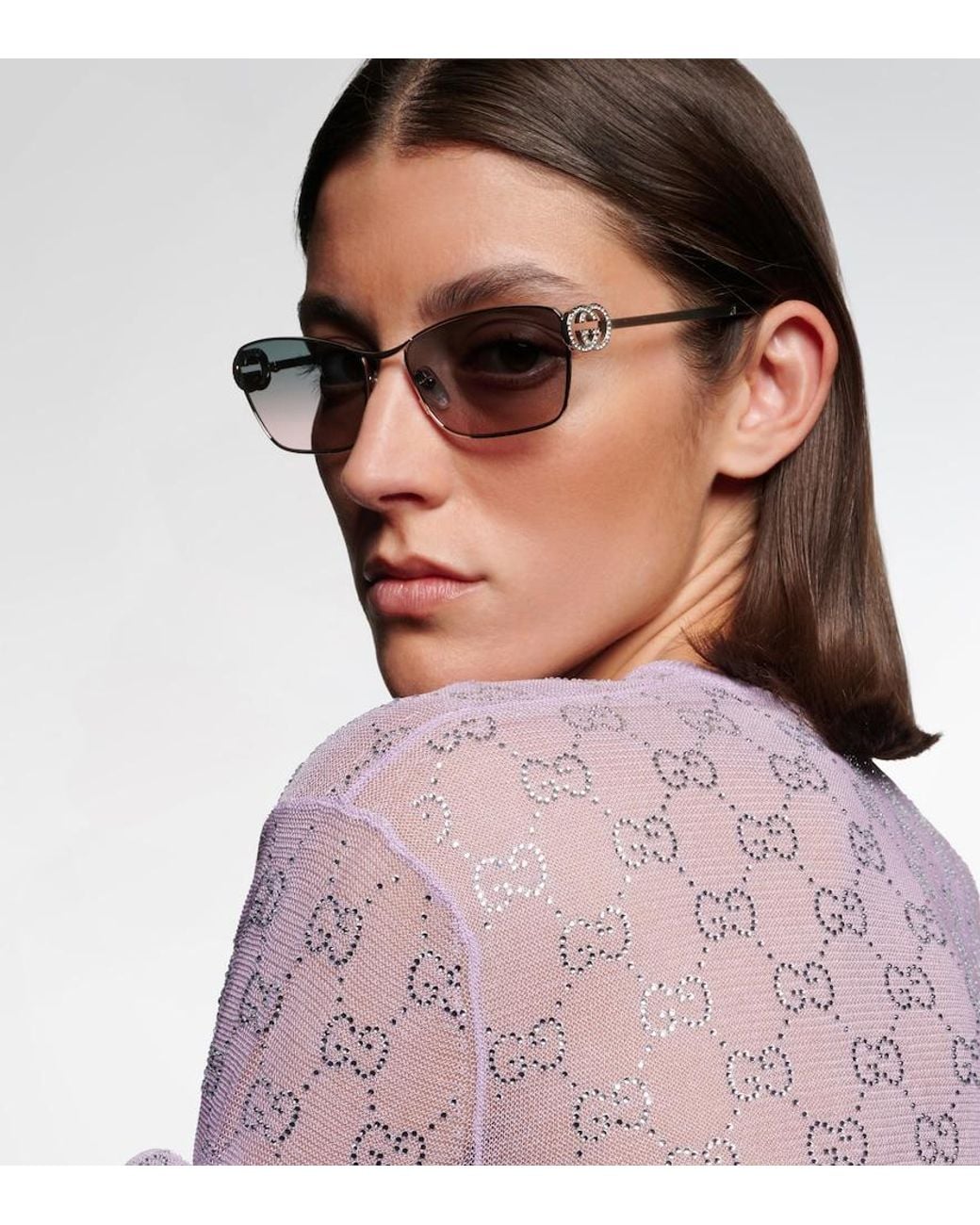 Gucci Gray Interlocking G Crystal-Embellished Rectangular Sunglasses