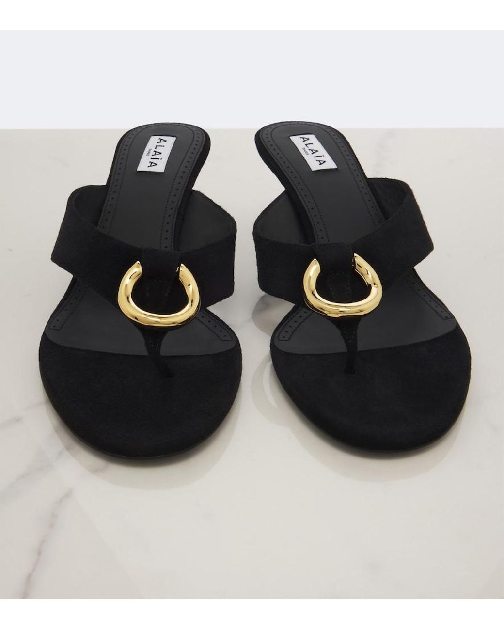 Alaïa Black Infra Suede Thong Sandals