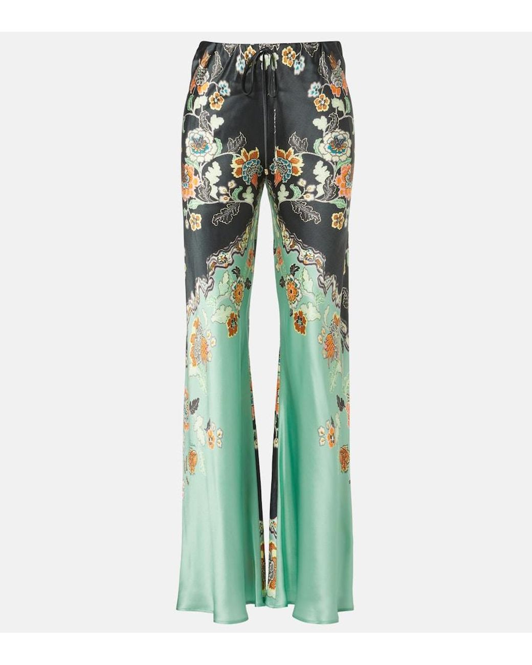 Roberto Cavalli Green Floral Silk Satin Flared Pants