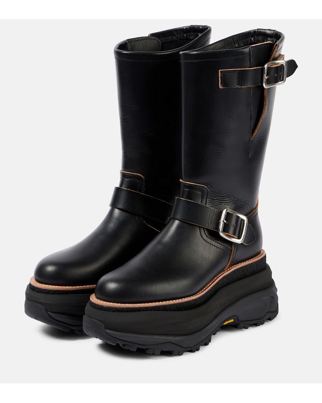 Sacai Black Leather Platform Biker Boots
