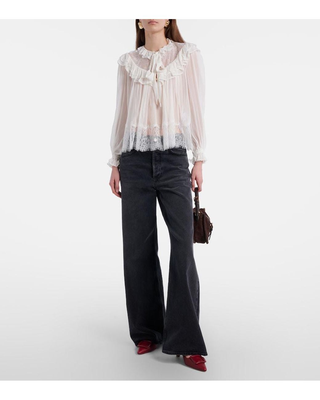 Self-Portrait White Gathered Georgette And Lace Blouse