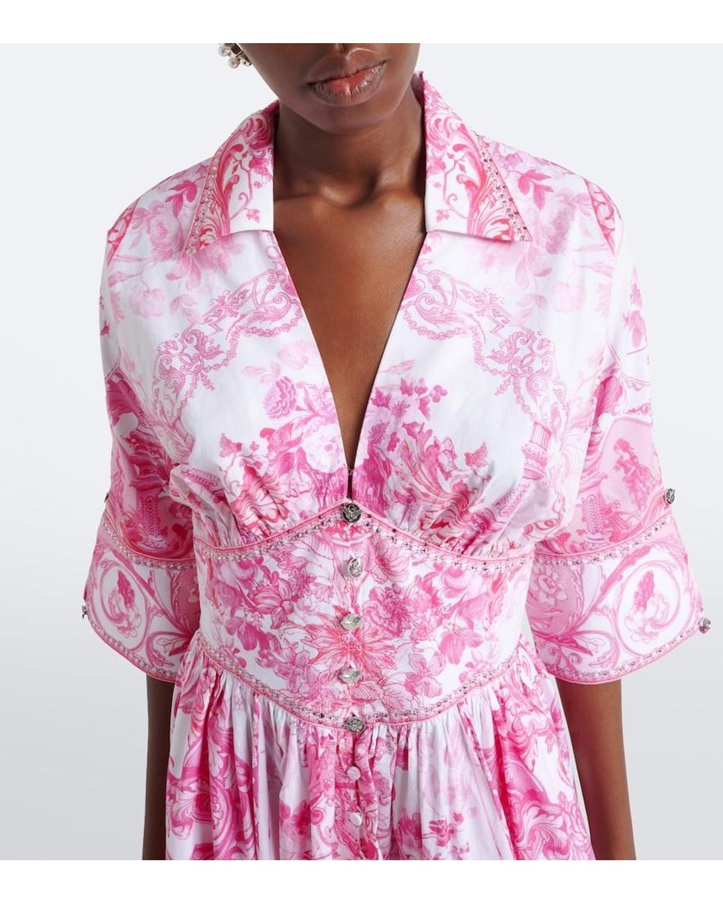 Camilla Pink Embellished Floral Cotton Midi Dress