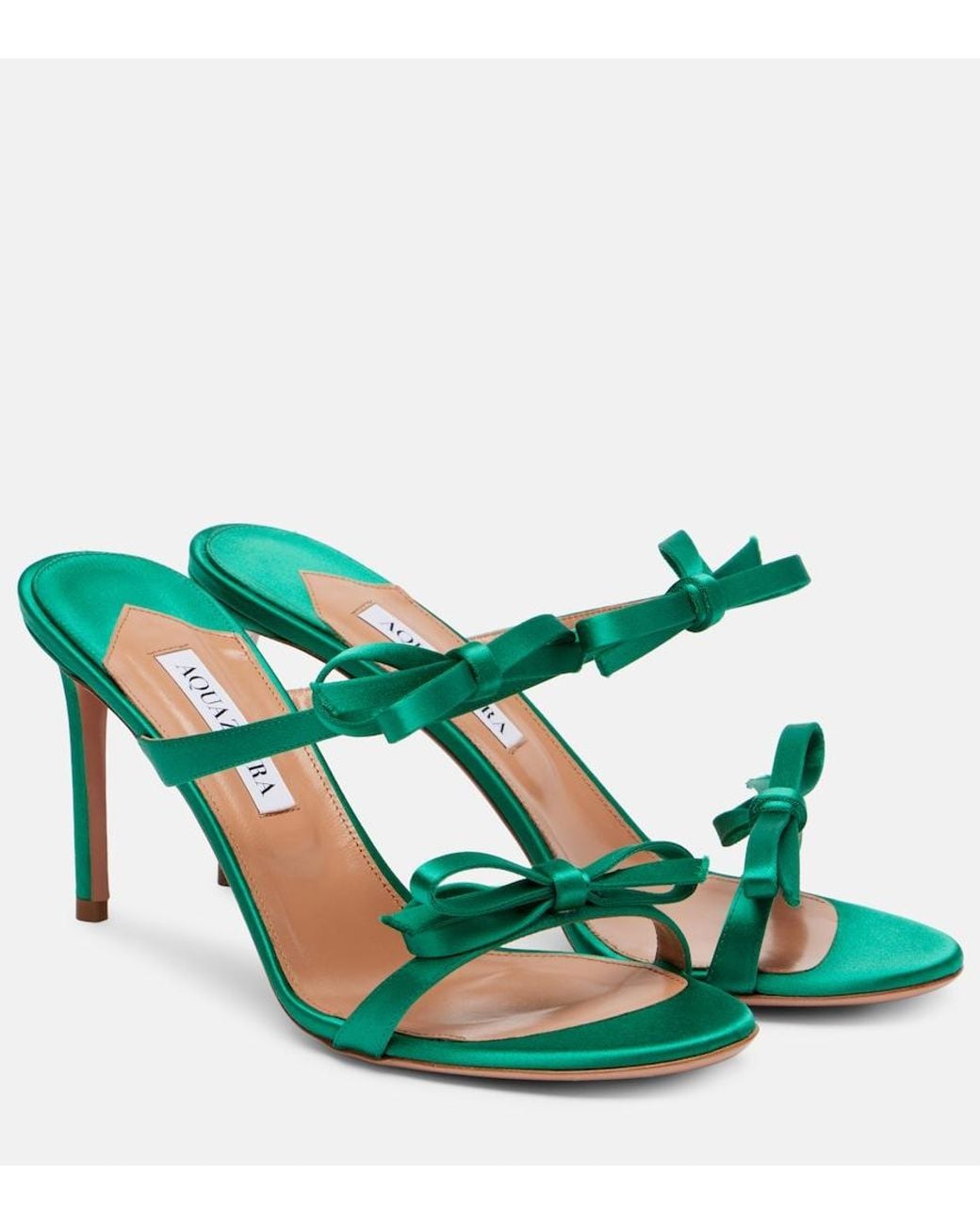 Aquazzura Green Soave 85 Bow-Detail Satin Mules