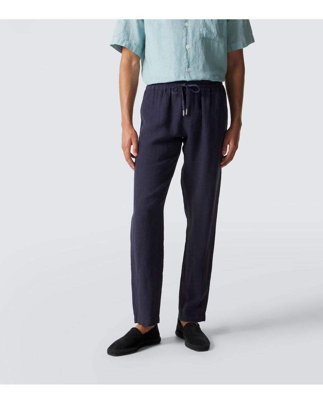 Thom Sweeney Blue Linen Straight Pants for men