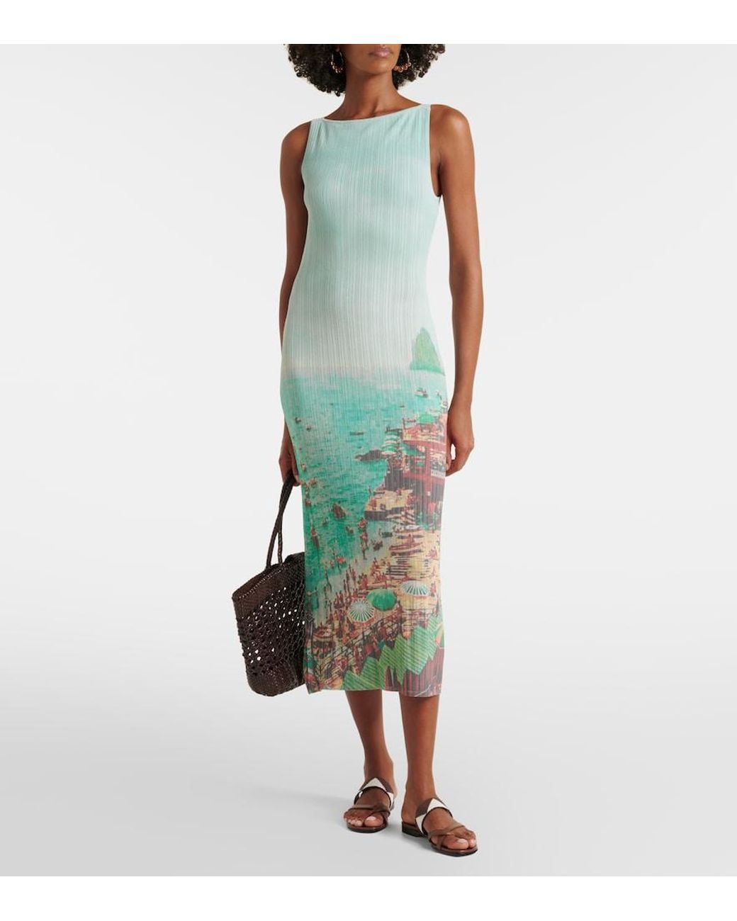 Staud White Bryn Printed Compact Knit Midi Dress