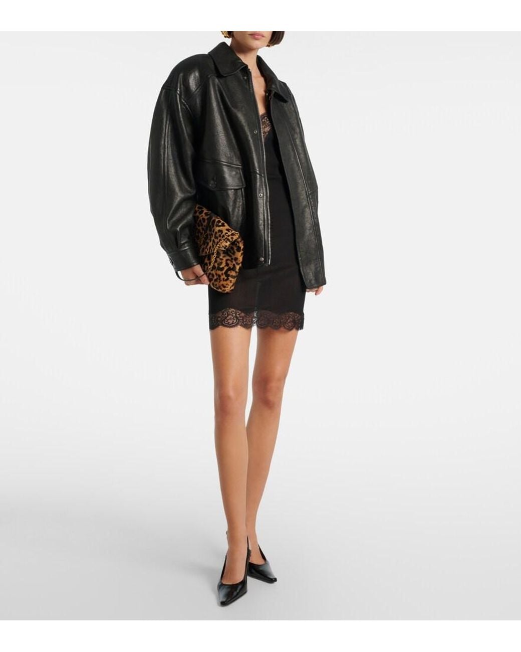 Saint Laurent Black Lace-Trimmed Silk Jersey Slip Dress