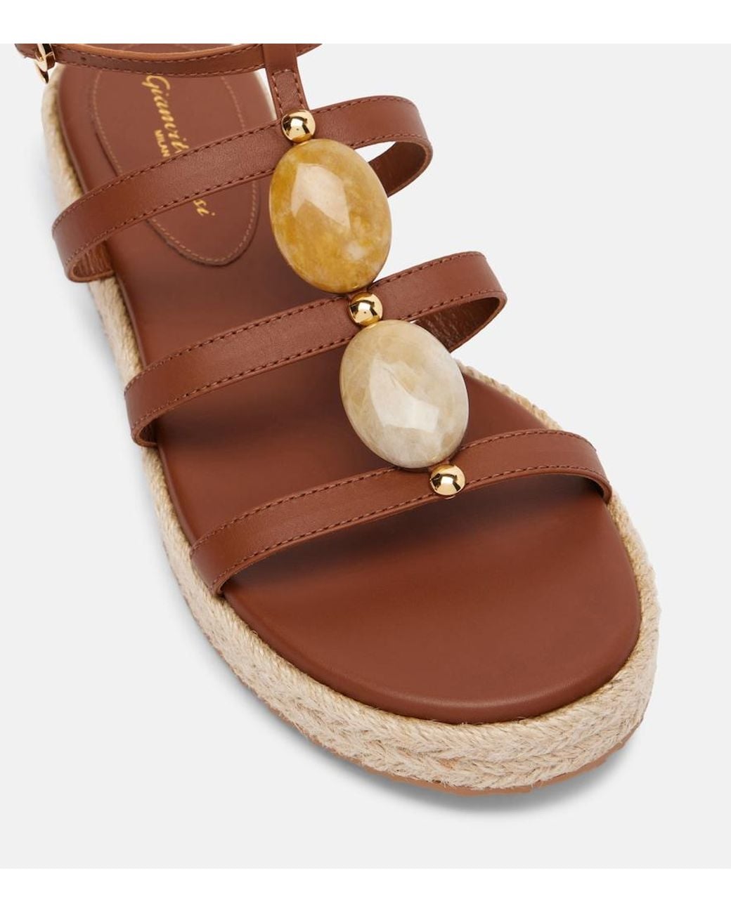 Gianvito Rossi Brown Embellished Leather Espadrille Sandals