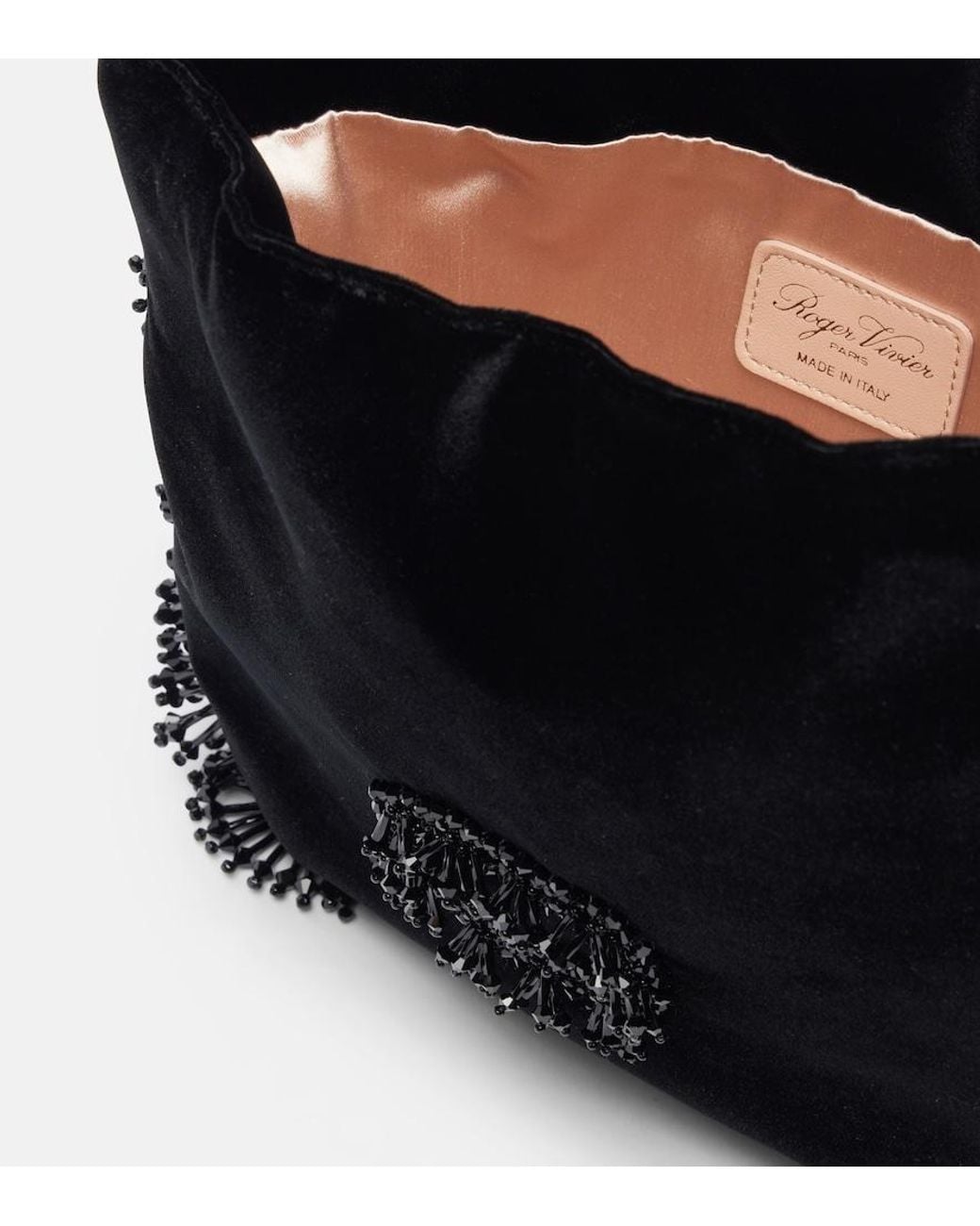 Roger Vivier Black Pilgrim Mini Beaded Velvet Bucket Bag