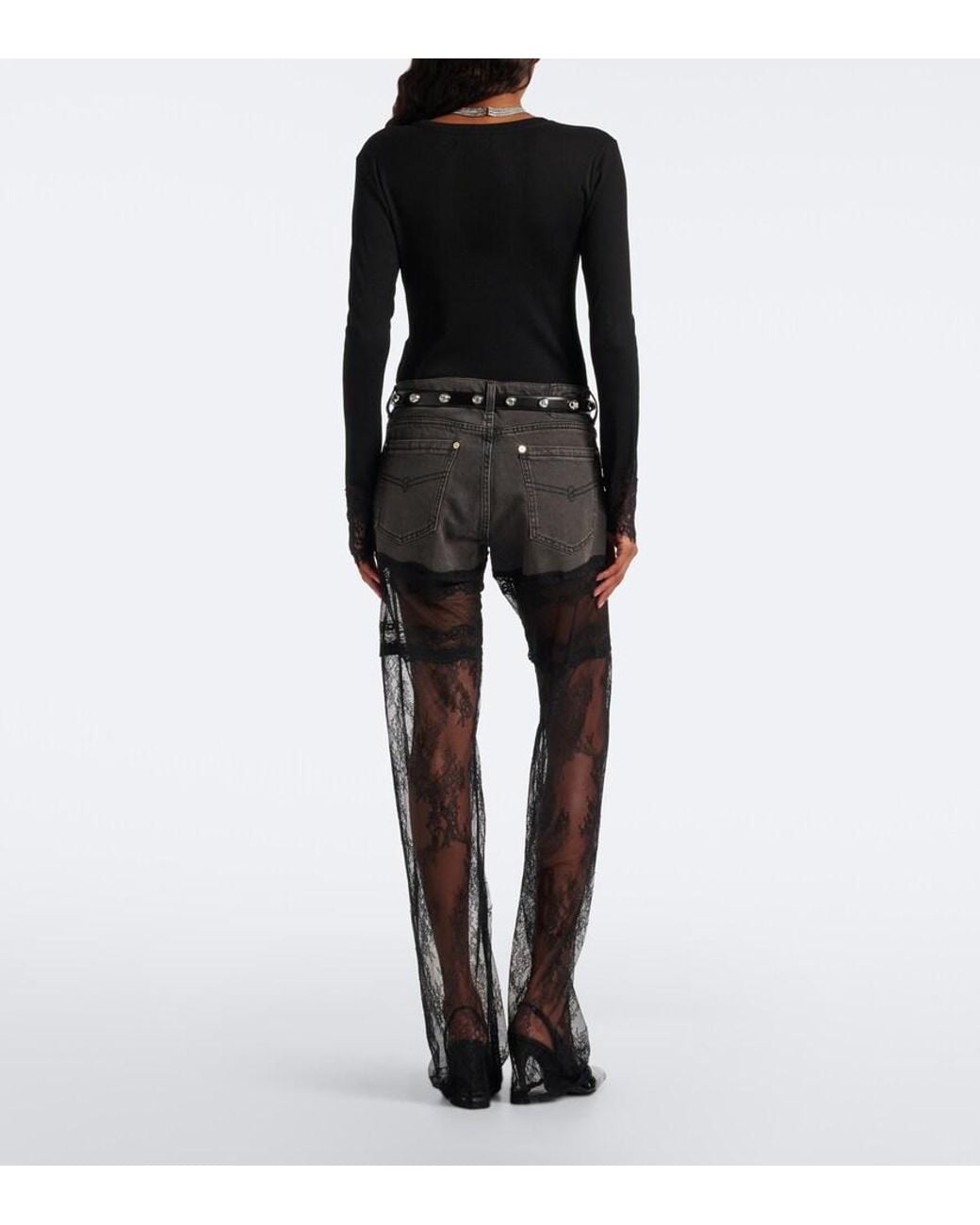 Blumarine Gray Lace-Trimmed Wide-Leg Jeans