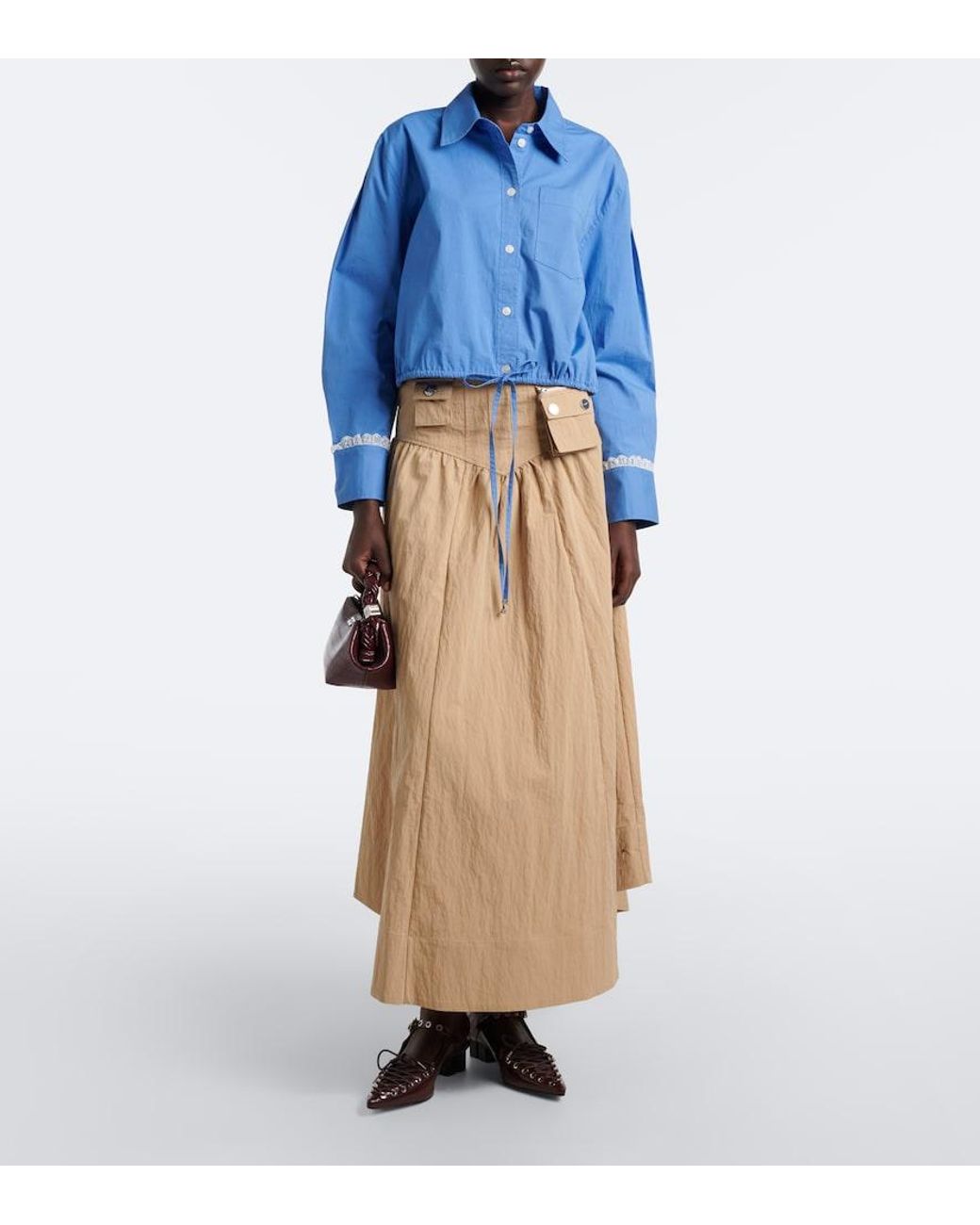 Ganni Natural Gathered Cotton-Blend Maxi Skirt