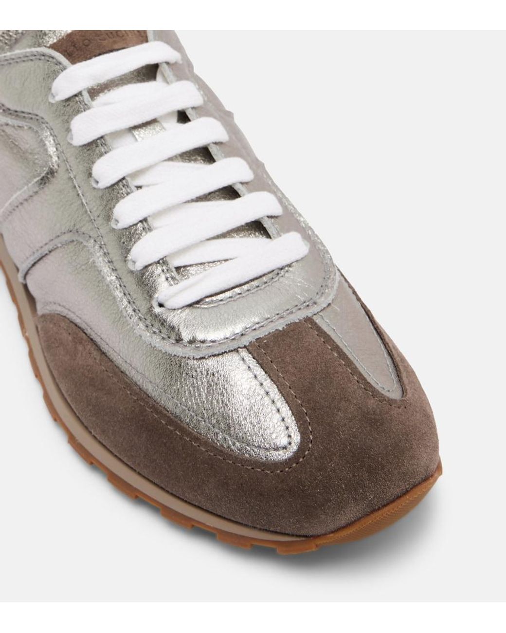 Brunello Cucinelli White Monili Suede-Trimmed Metallic Leather Sneakers