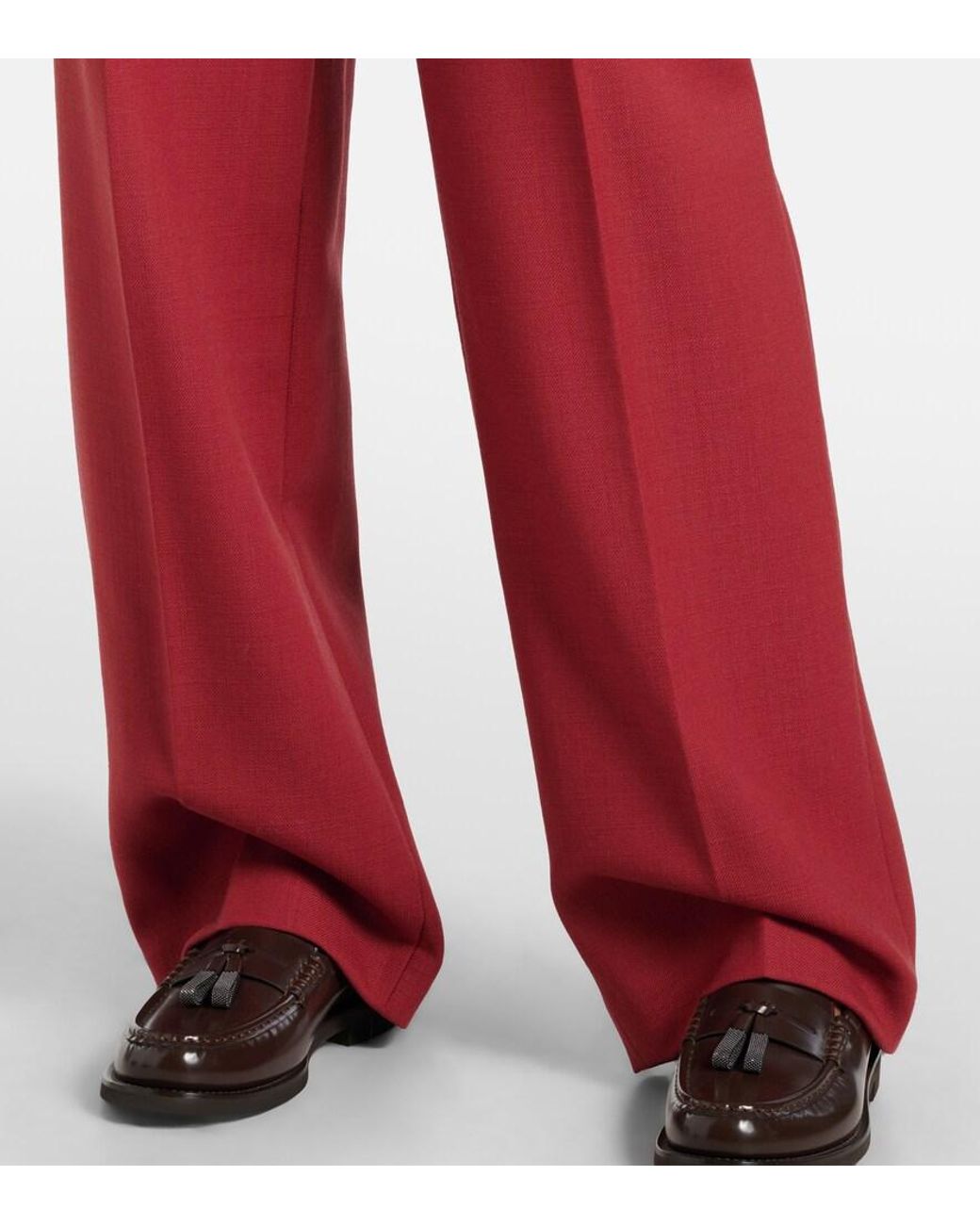 Brunello Cucinelli Red High-Rise Virgin Wool Twill Straight Pants