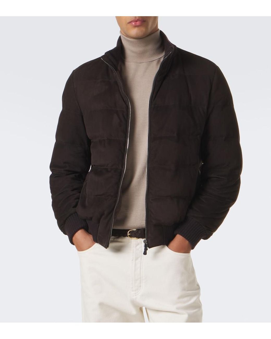 Fedeli Black Padded Suede Bomber Jacket for men
