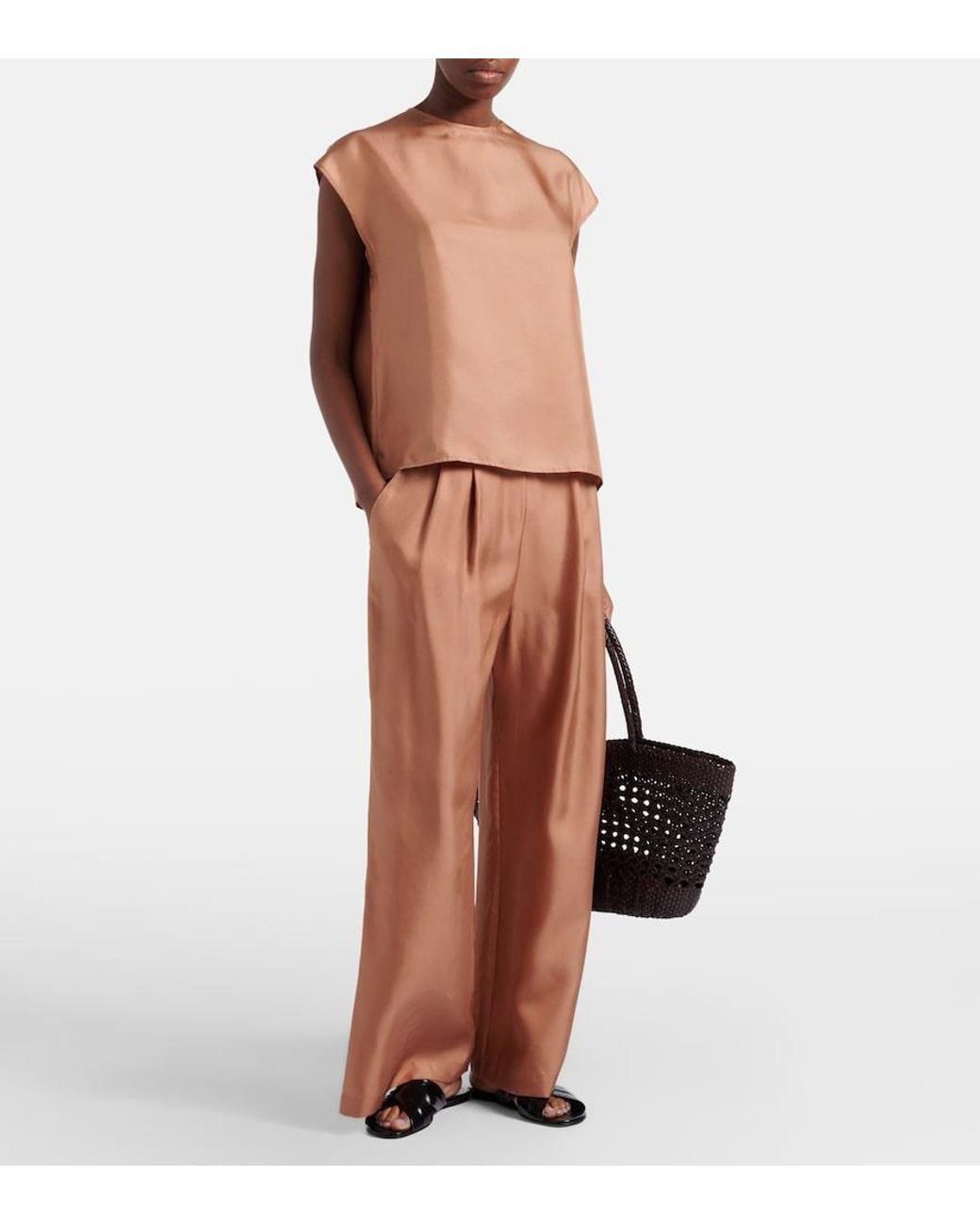 Asceno Brown Isola Pleated Silk Twill Wide-Leg Pants
