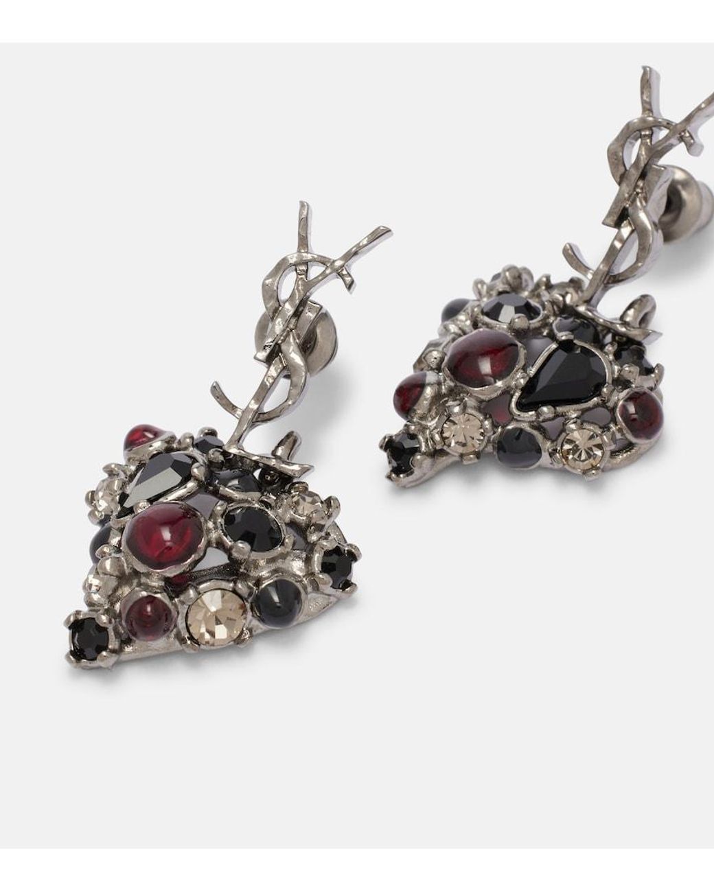 Saint Laurent White Cassandre Embellished Drop Earrings