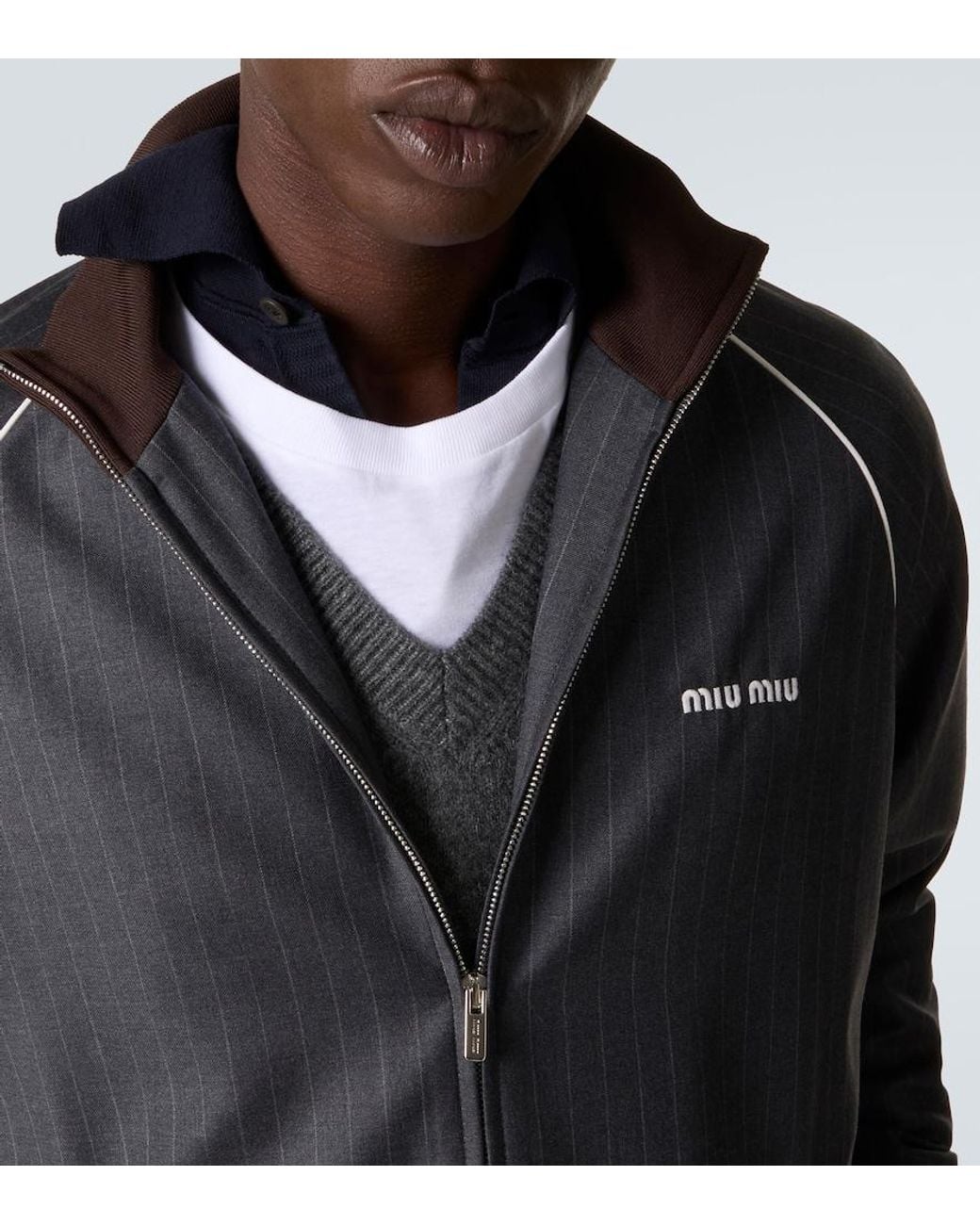 Miu Miu Black Logo Pinstripe Virgin Wool Track Jacket for men