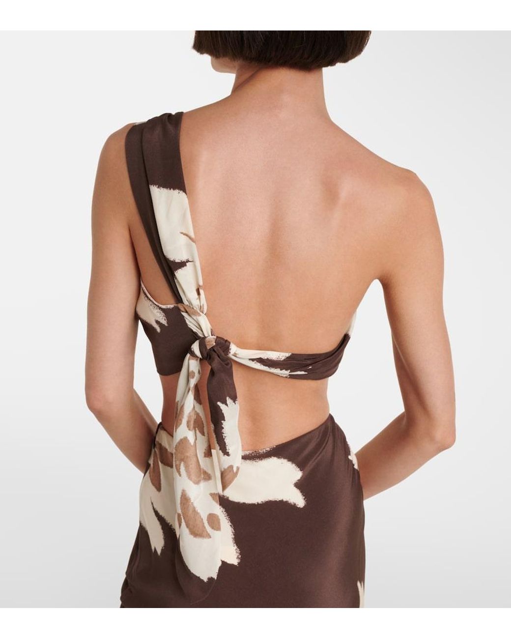 Sir Brown Floral One-Shoulder Silk Satin Top