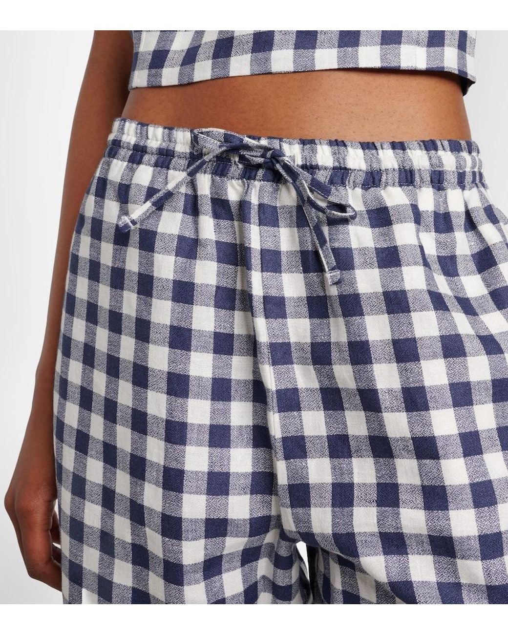 Asceno Blue Aurelia Gingham Linen Wide-Leg Pants
