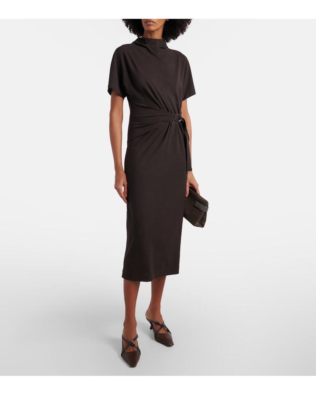 Brunello Cucinelli Black Gathered Jersey Midi Dress