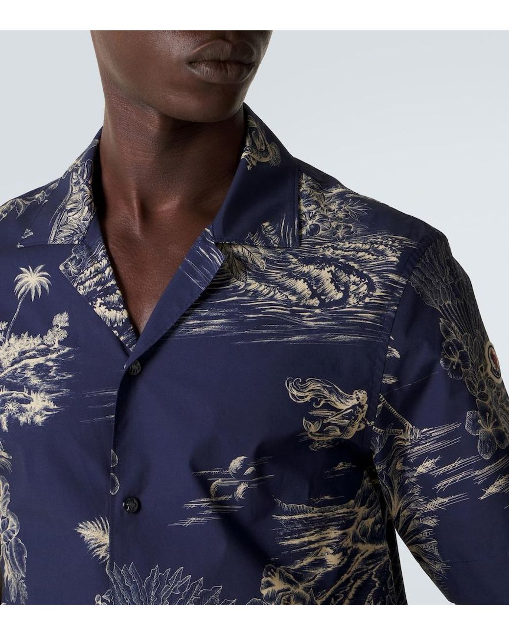 Moncler Blue Floral Cotton Poplin Bowling Shirt for men