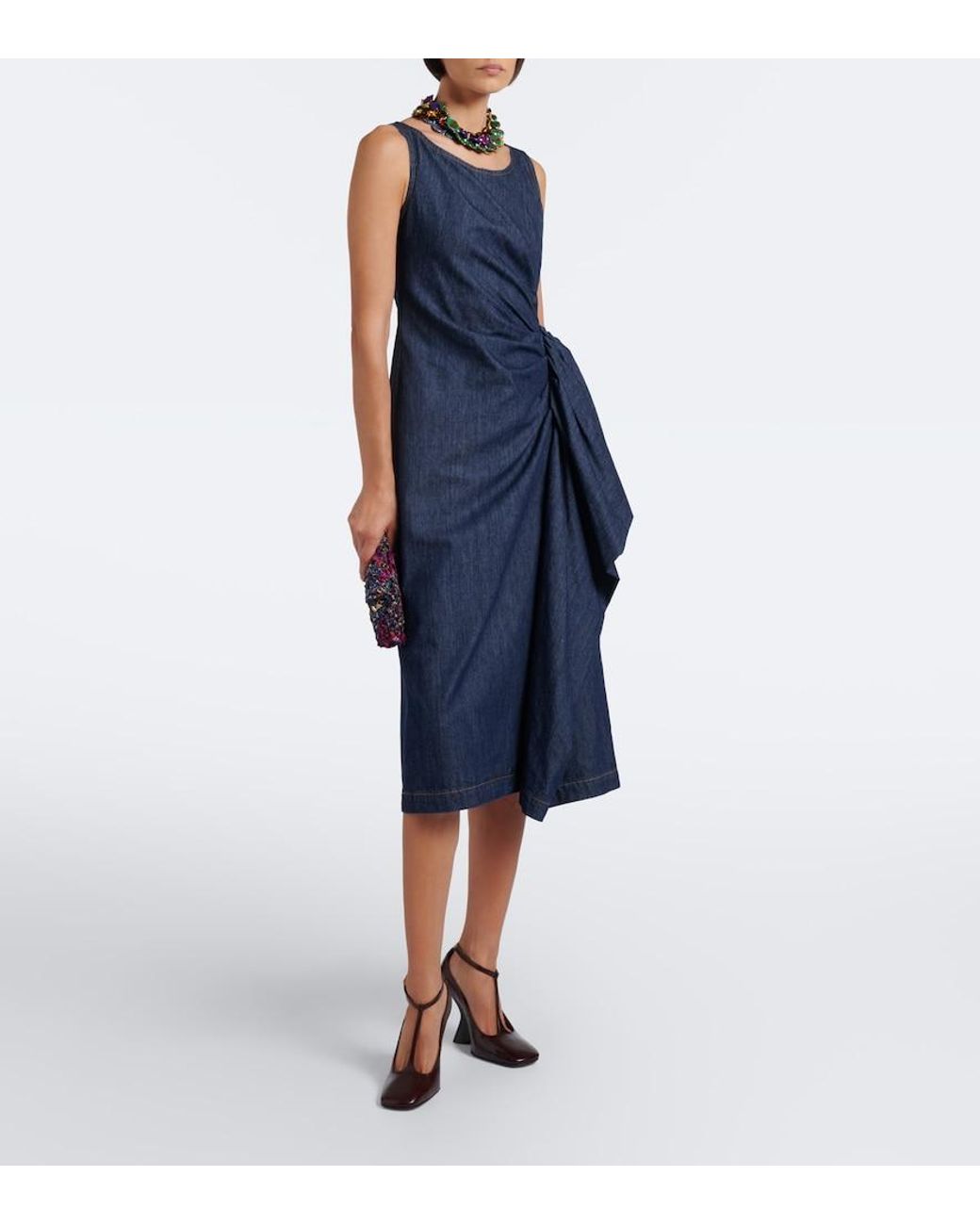 Dries Van Noten Blue Draped Denim Midi Dress