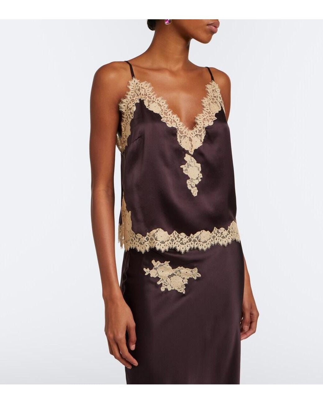 Doen Brown Kira Lace-Trimmed Silk Satin Camisole