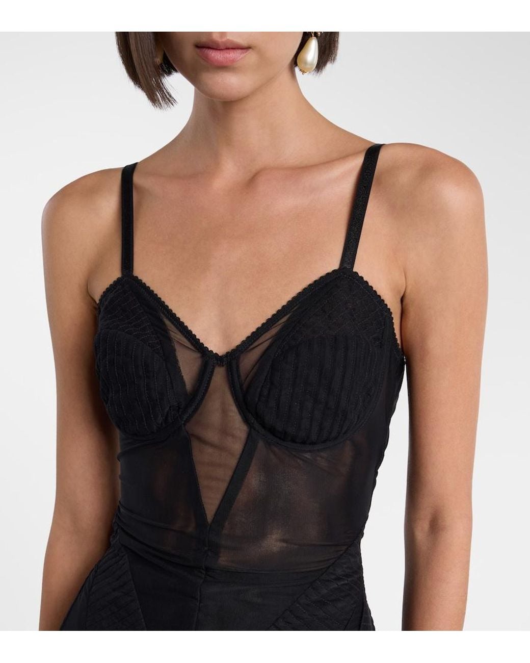 Dolce & Gabbana Black Ruched Sheer Tulle Midi Dress