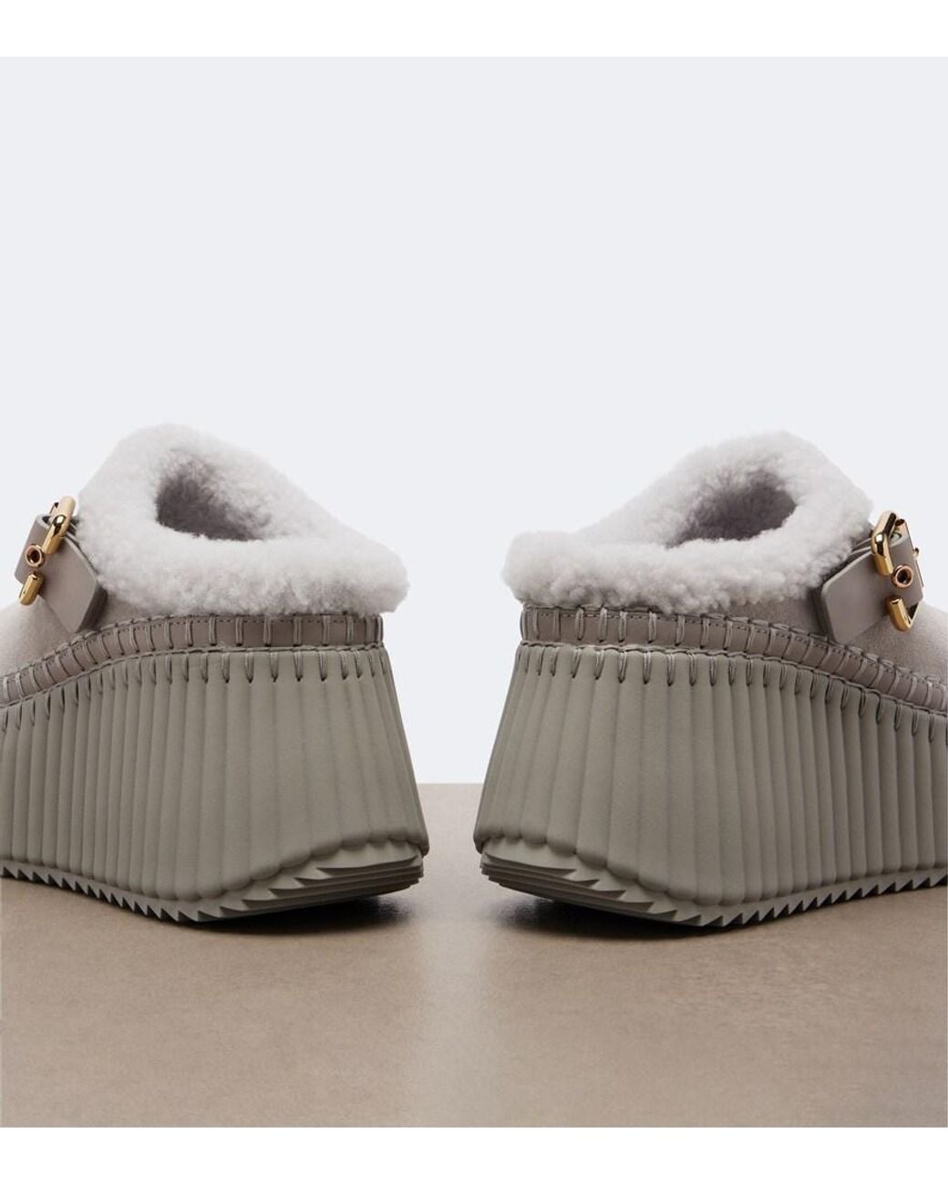 Chloé Gray Nama Shearling-Lined Suede Platform Mules