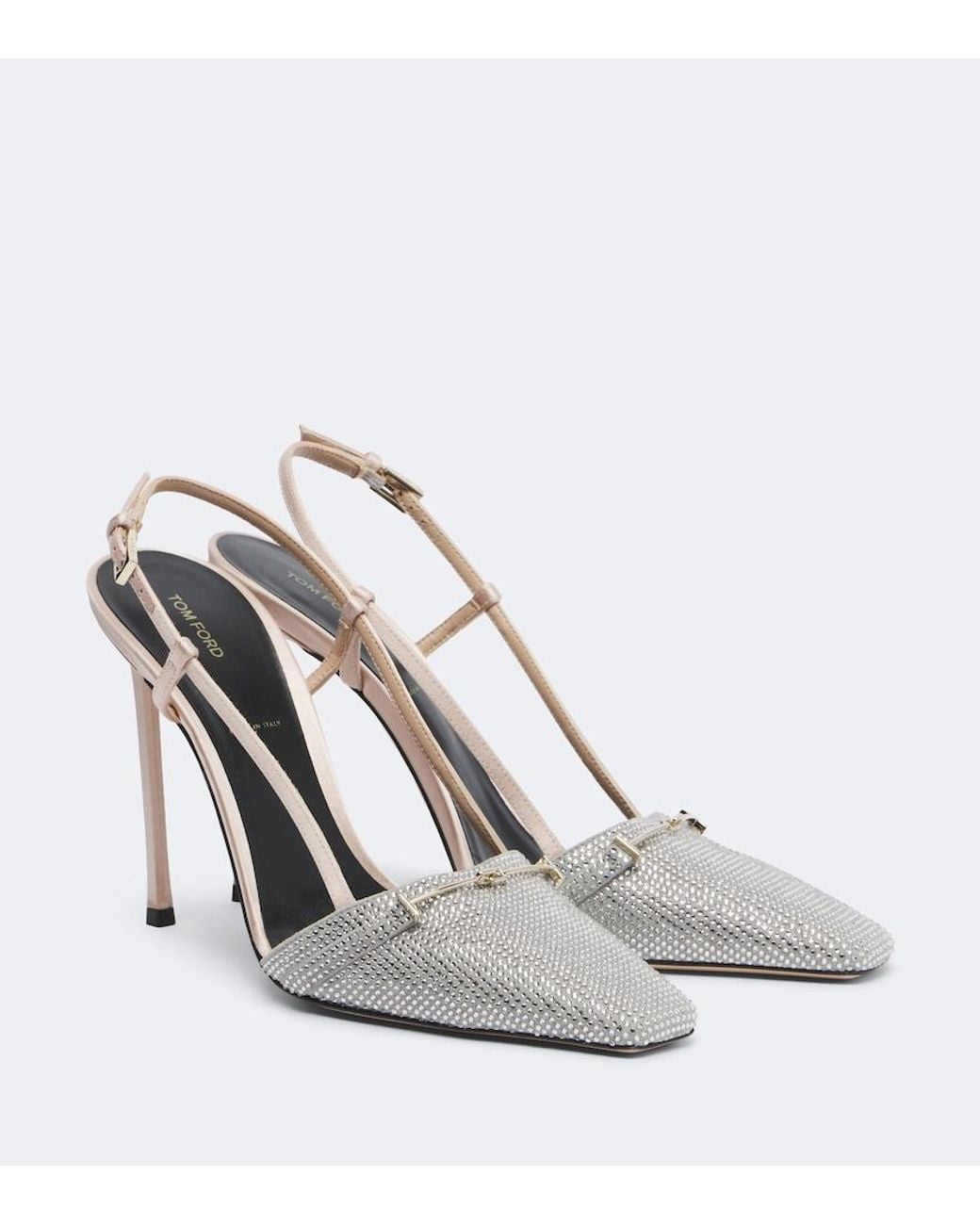 Tom Ford White Arc Embellished Satin Slingback Pumps