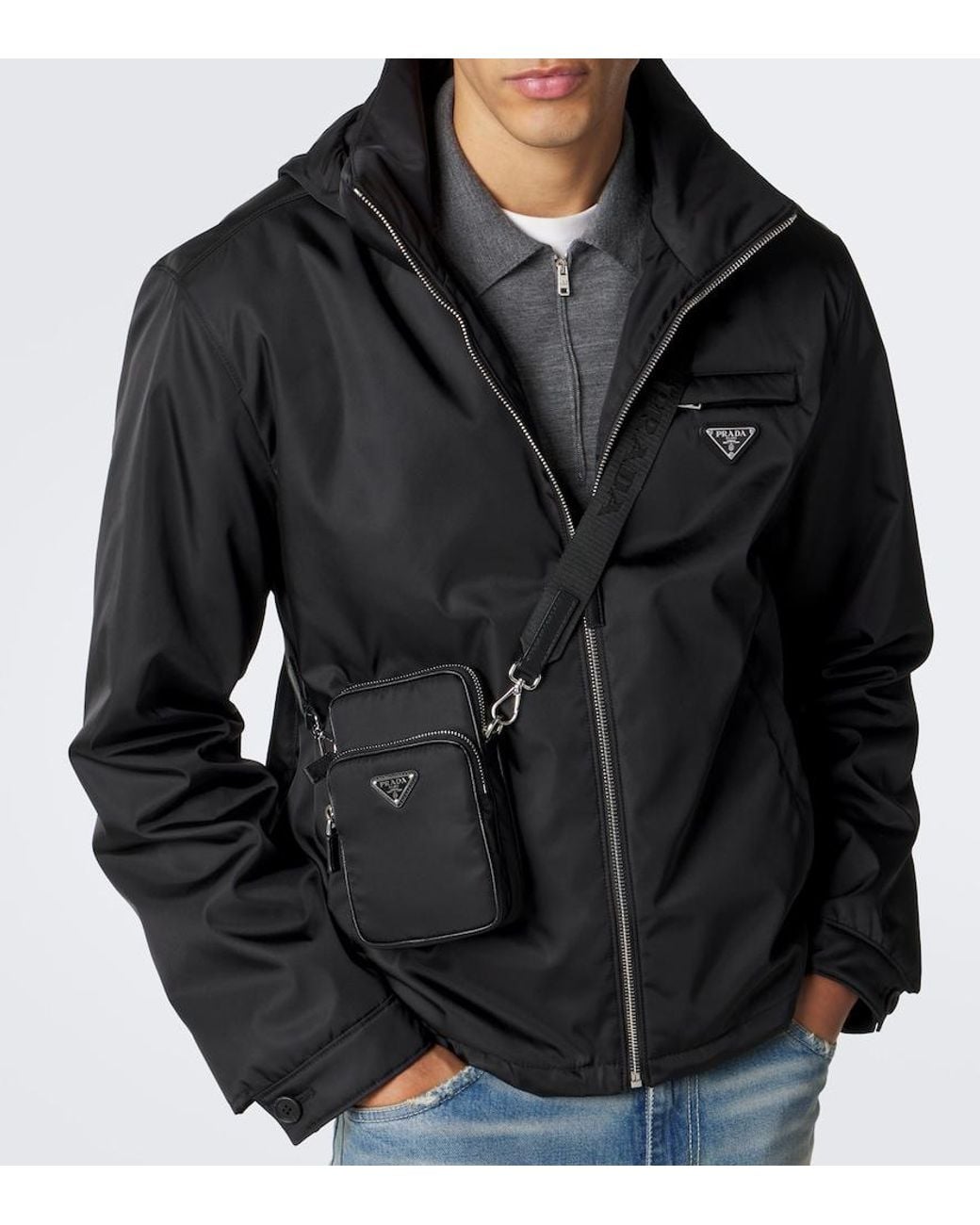 Prada Black Re-Nylon And Saffiano Leather Phone Pouch for men