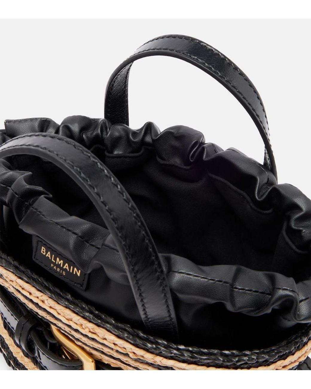 Balmain Black Raffia-Effect Striped Top-Handle Bag
