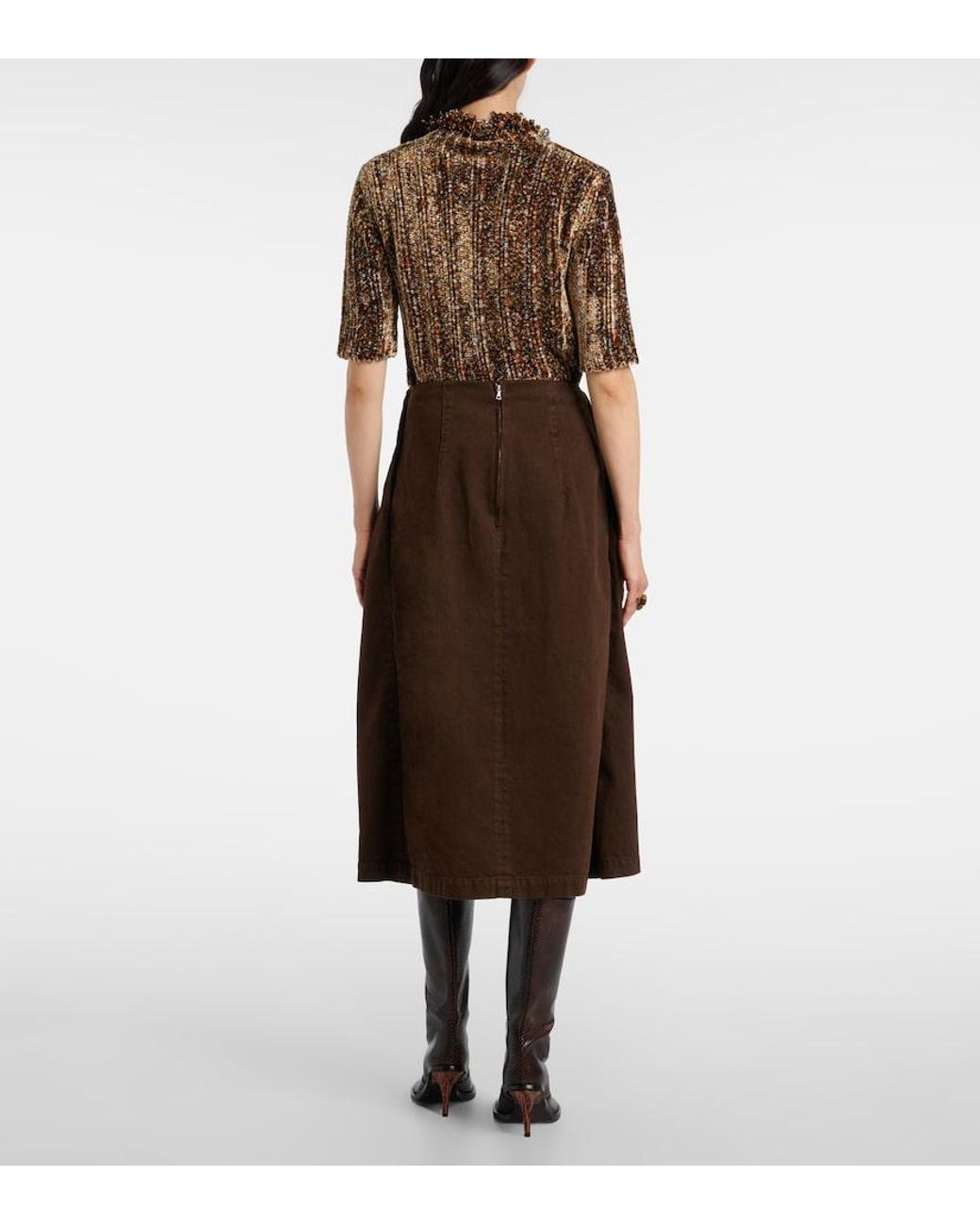 Dries Van Noten Brown Draped Denim Midi Skirt