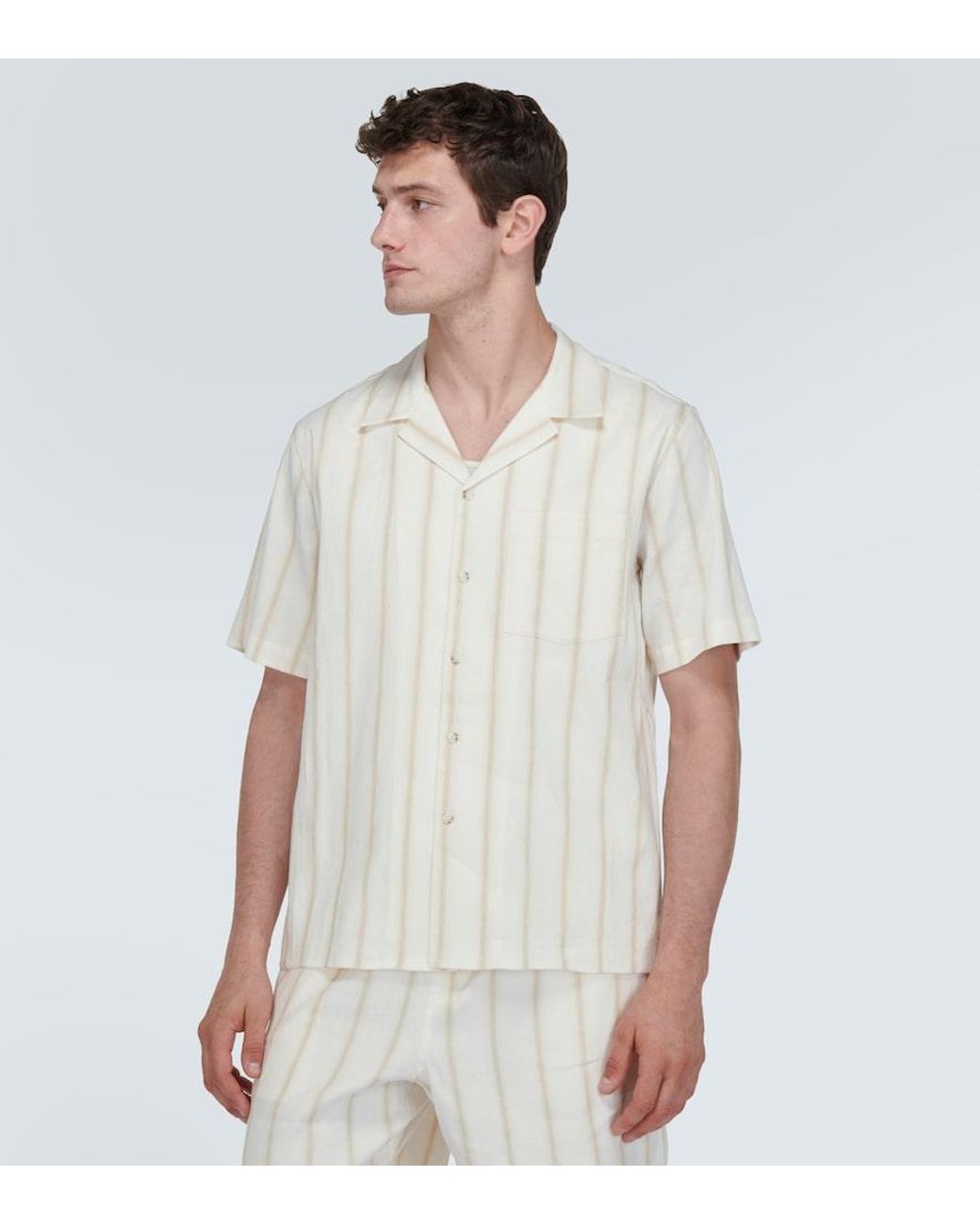 Commas White Striped Linen-Blend Bowling Shirt for men