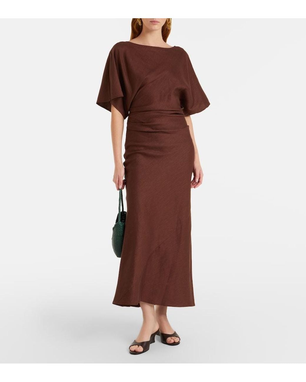 Staud Brown Amelie Linen-Blend Midi Dress